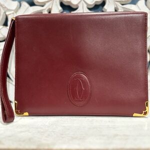 Cartier Must de Cartier Bordeaux Leather Wristlet Clutch Gold Corners Vintage
